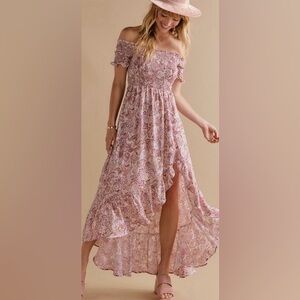 Francesca's Collections Blush Pink Floral Off-Shoulder High-Low Maxi Dress